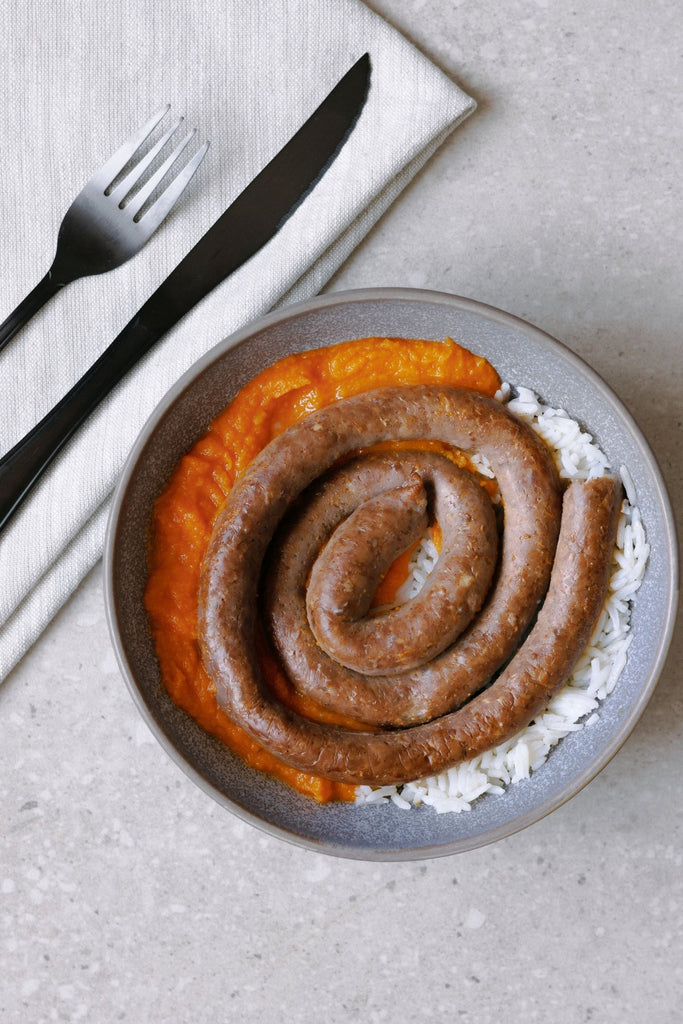 Lean Ostrich Wors, rice and sweet potato mash - Plated Convenience