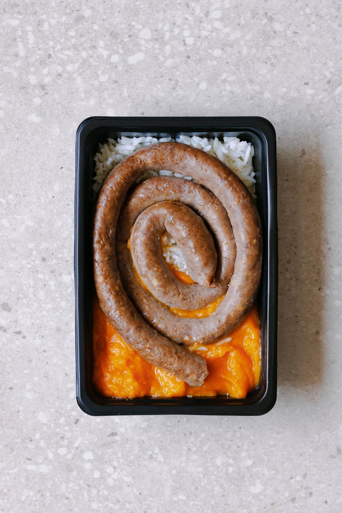 Lean Ostrich Wors, rice and sweet potato mash - Plated Convenience