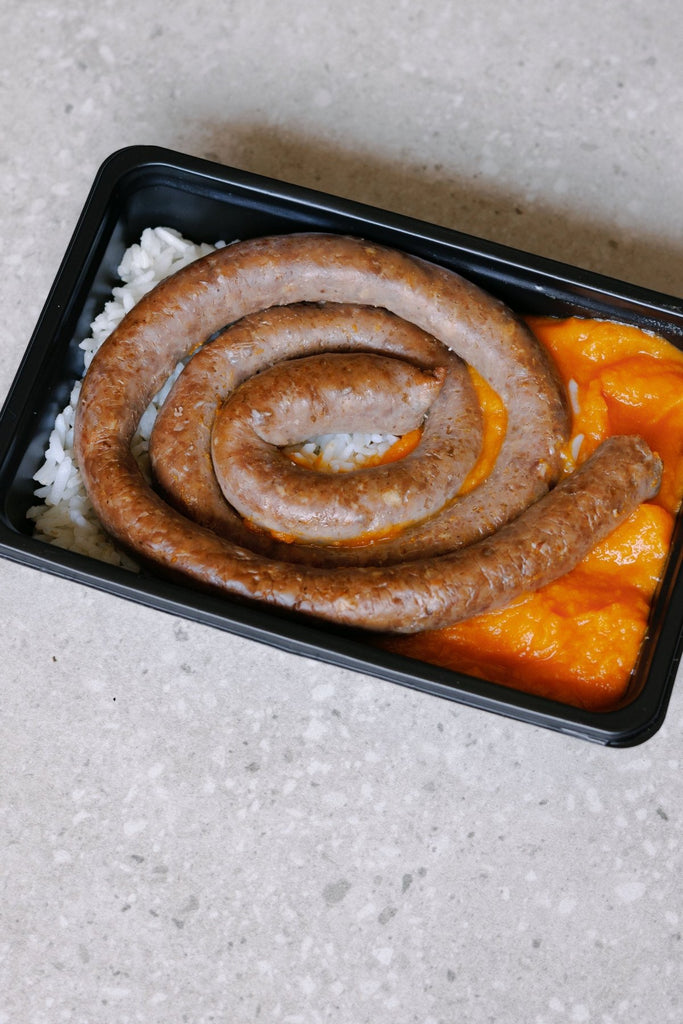 Lean Ostrich Wors, rice and sweet potato mash - Plated Convenience