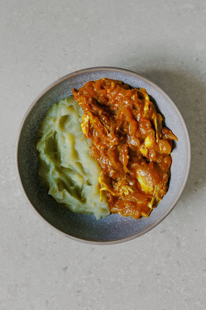 Vegan Chicken Bredie with Sweet Potato Mash