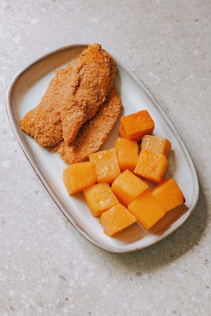 Kids Crumbed Chicken strips with butternut - Plated Convenience