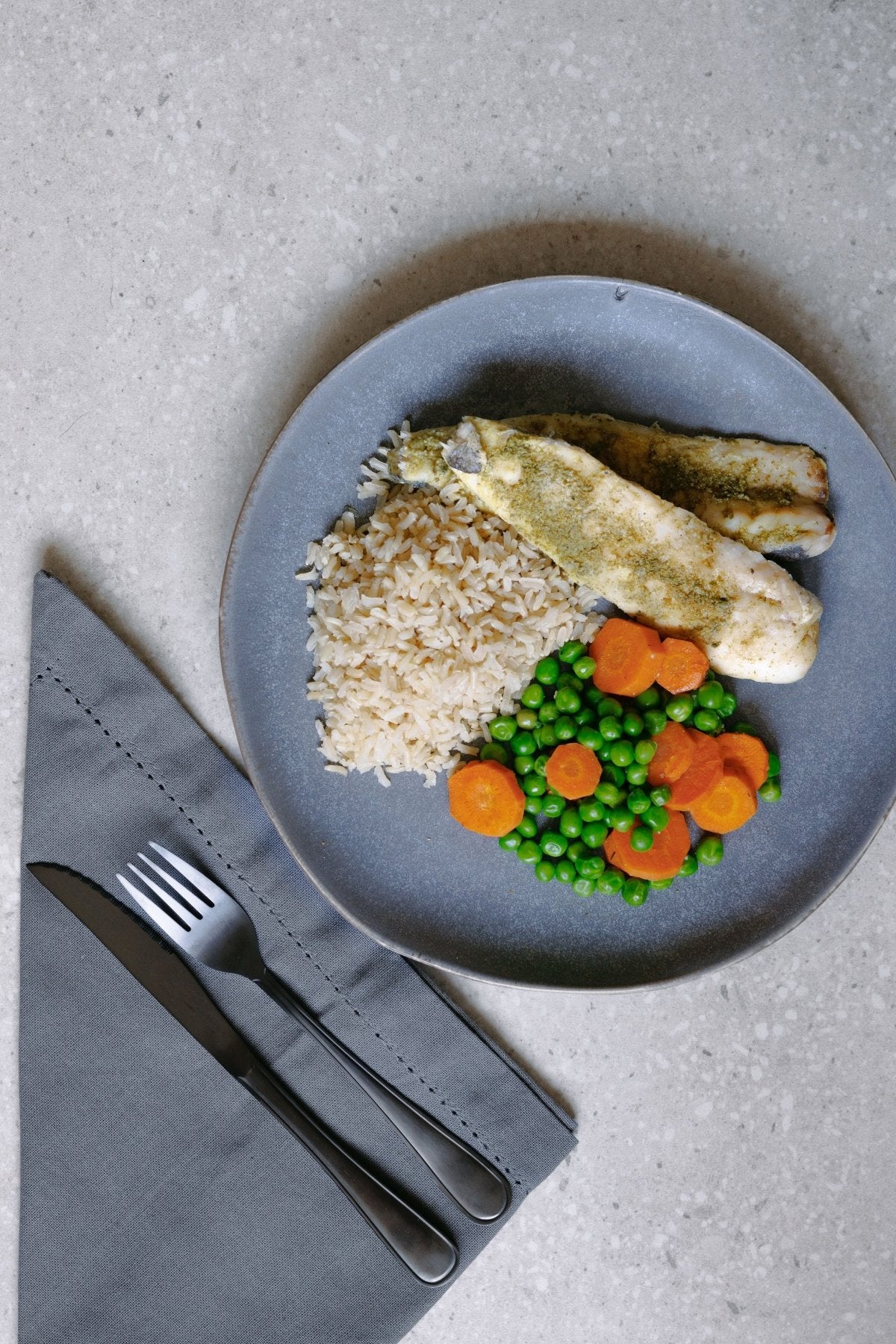 Steamed Hake Fillet with Brown Rice, Carrots and Peas - Plated Convenience