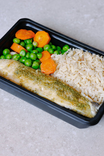 Steamed Hake Fillet with Brown Rice, Carrots and Peas - Plated Convenience