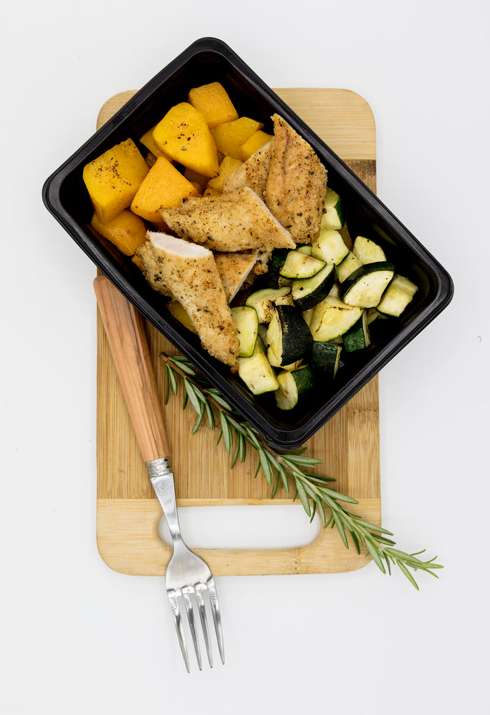 Crumbed Chicken Breast Tenders with Roasted Zucchini and Butternut