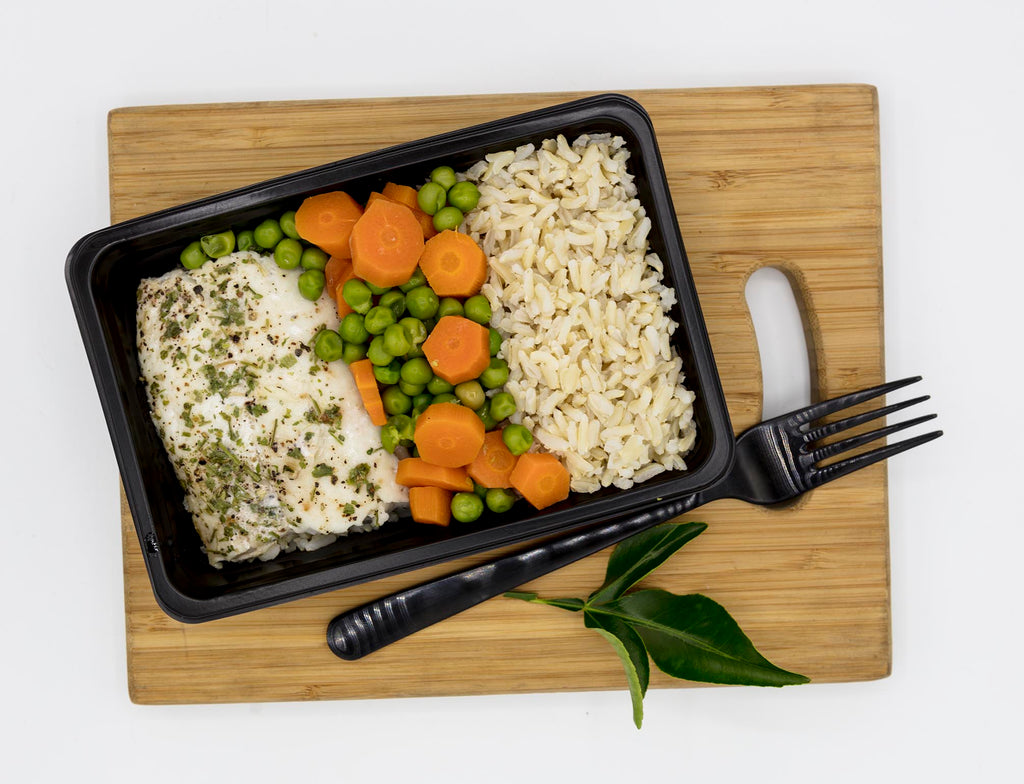 Steamed Hake Fillet with Brown Rice, Carrots and Peas